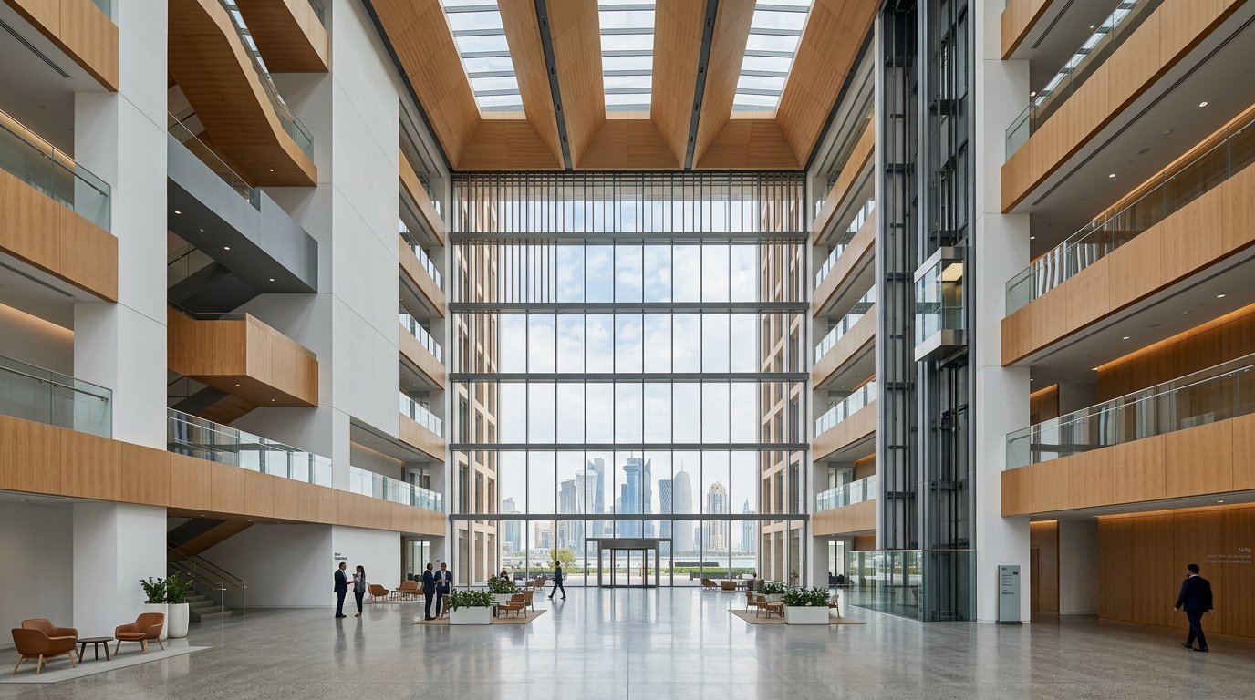 Wide-angle commercial atrium interior, Qatar